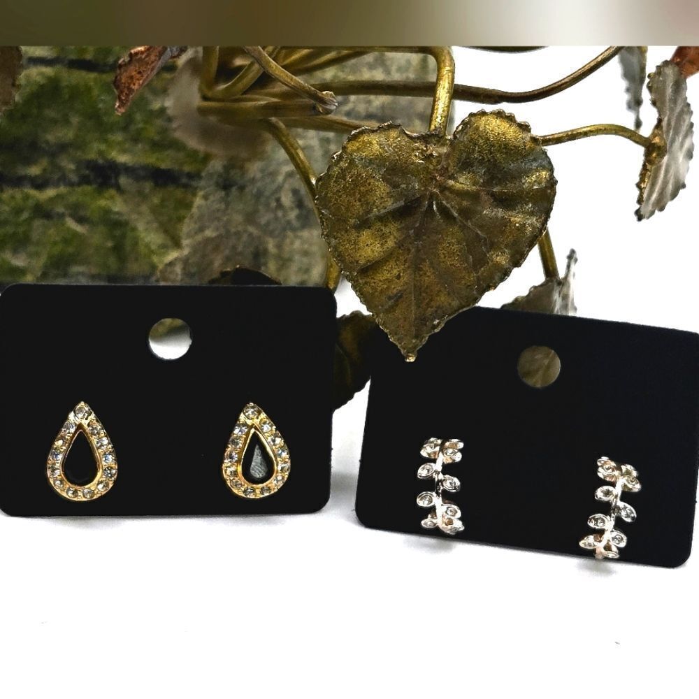 "5/$25" 2 Pairs Rhinestone Bling Earrings Black Acrylic Goldtone Hoop Post Stud